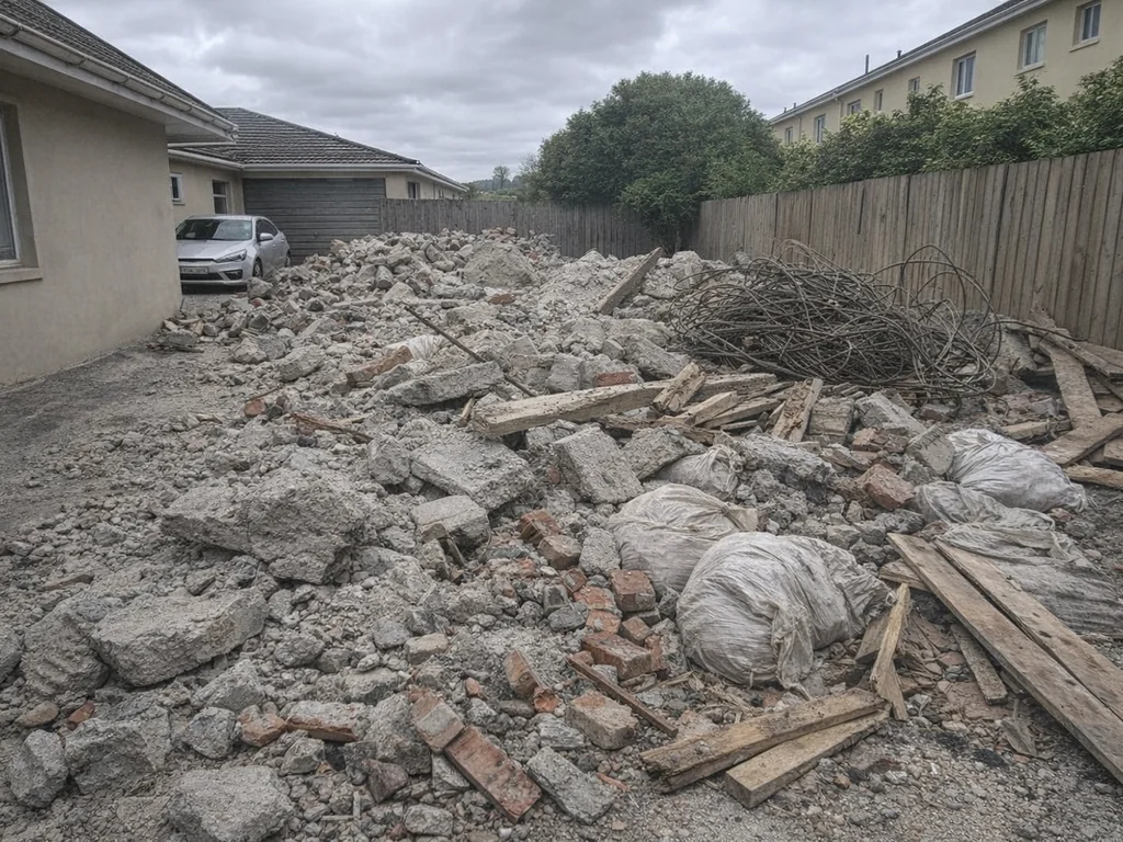 Builders rubble, broken concrete and timber heaped along the side passage of a Cape Town house before clearance