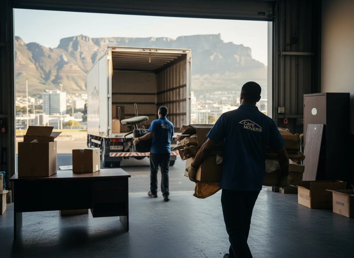 A crew loading flattened cardboard, packaging and redundant office furniture from a Cape Town commercial premises into a truck