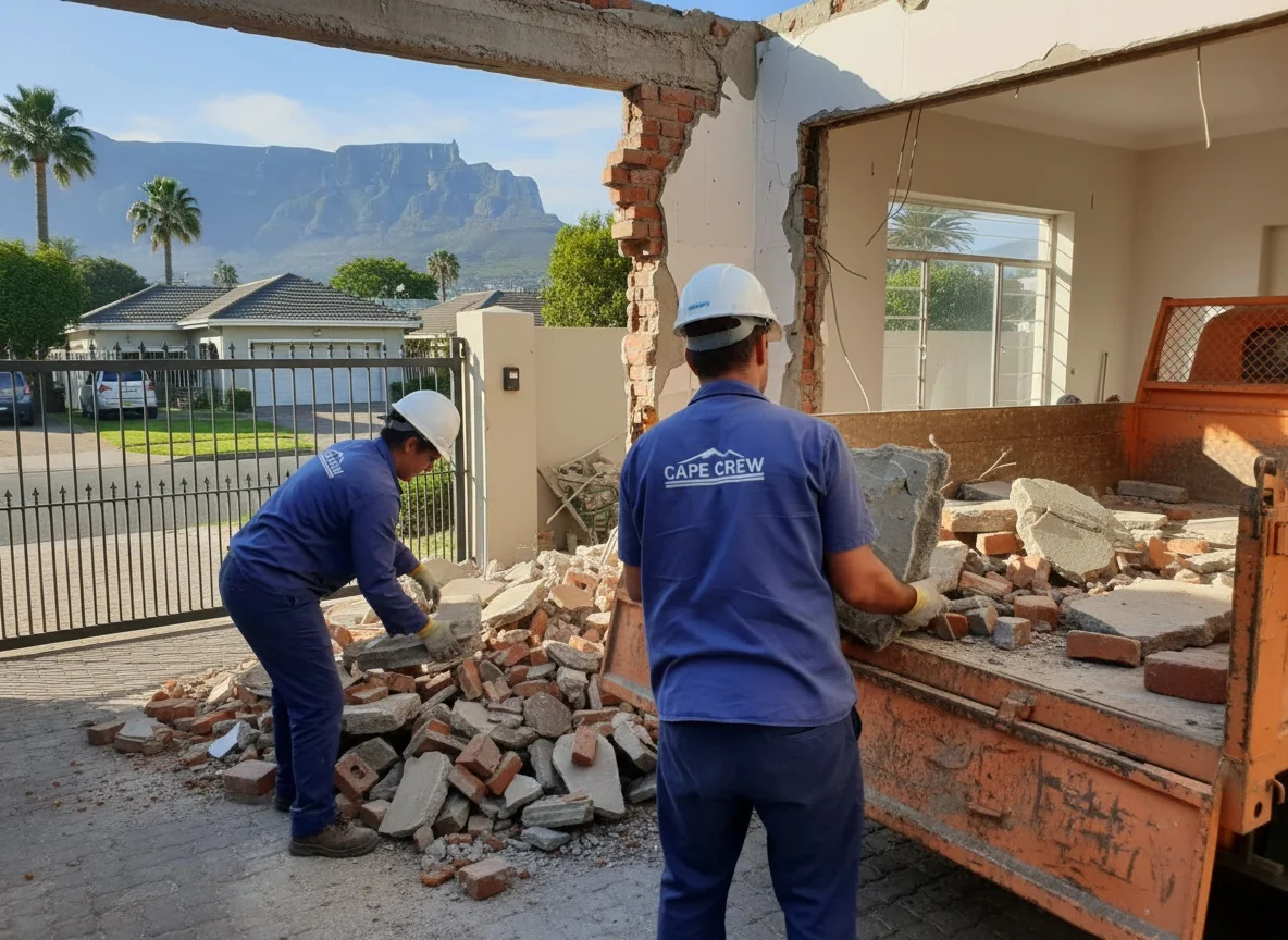 A crew loading mixed building rubble into a tipper truck at an active Cape Town renovation site