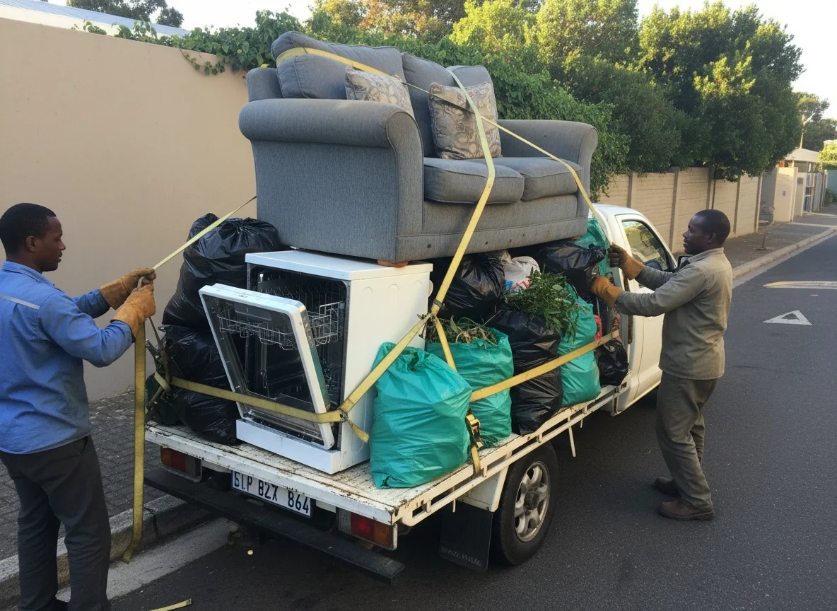 Loaded bakkie with mixed household junk at a Cape Town suburb kerb