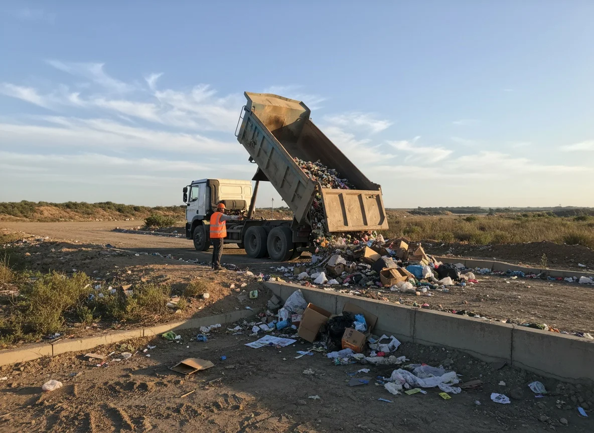 Tipper truck offloading mixed waste at a Cape Town landfill weighbridge
