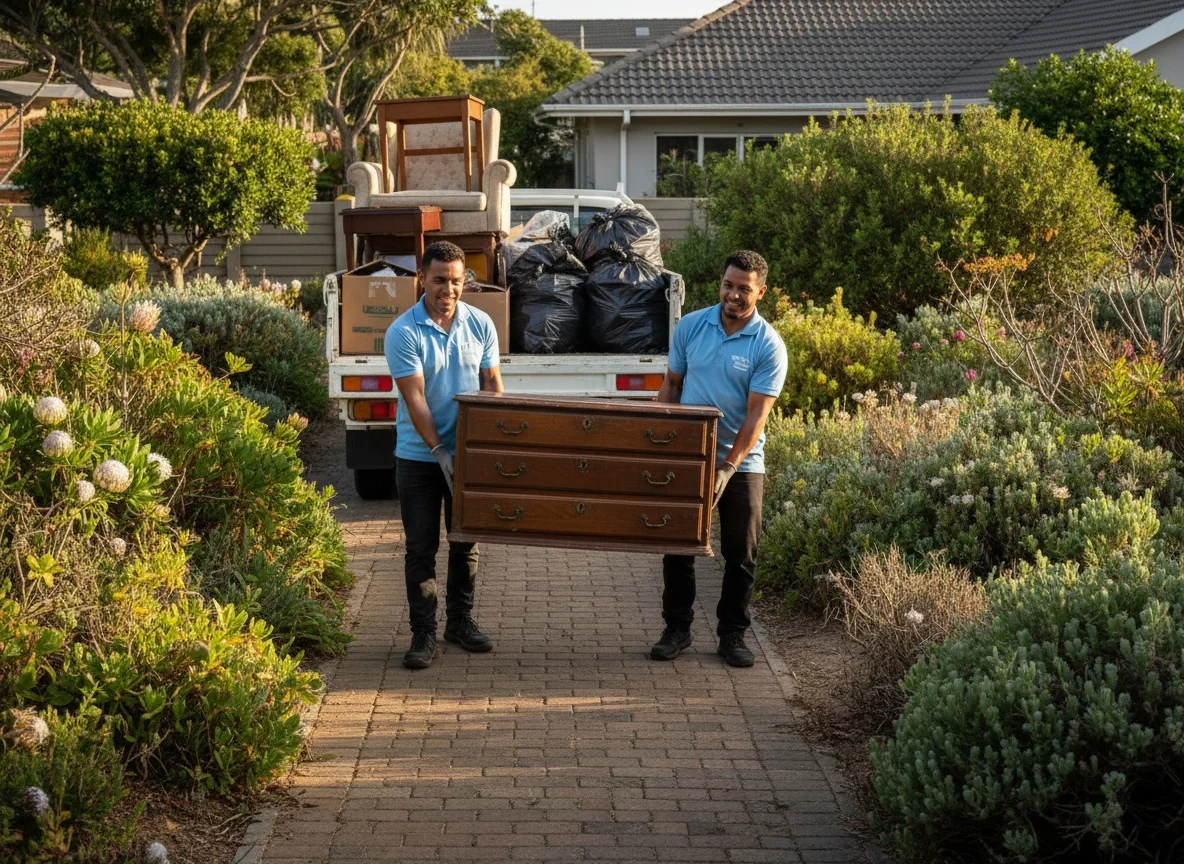 Cape Town clearance crew carrying old furniture to a loaded bakkie during a residential clear-out