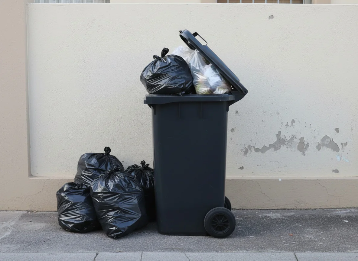 Overflowing Cape Town 240-litre municipal wheelie bin with extra refuse bags next to it on collection day